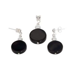 925/000 zilveren Onyx set (hanger & oorhangers) met een klein pareltje