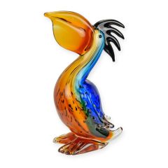 Glazen pelikaan in Murano-stijl met grote oranje snavel en blauwe accenten