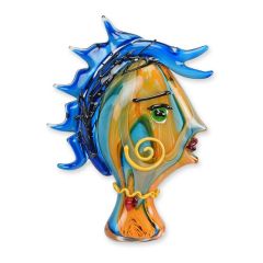 Glazen vrouwenhoofd in Murano-stijl met blauwe puntige haren