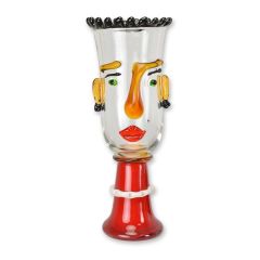 Glazen vaas in Murano-stijl met abstract gezicht en rode voet