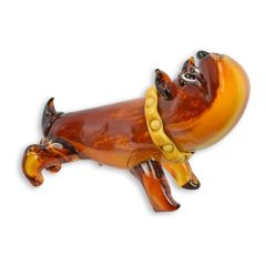 Glazen Engelse bulldog in ambertinten met gele halsband