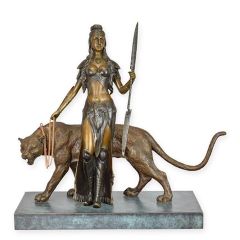 Bronzen beeld van een Vrouw met een Tijger - Hoogte 36.2 cm