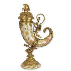 Hoorn - Porselein Cornucopia Hoorn - Bronzen standaard - 52 cm hoog
