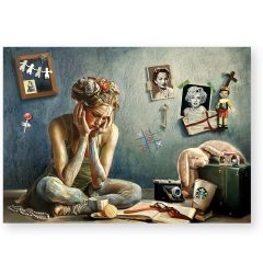 Léonie van Simona Zecca, origineel olieverfschilderij met vrouw omringd door symbolische herinneringen en objecten