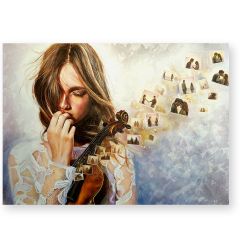More than Words van Simona Zecca, origineel olieverfschilderij met viool, liefde, herinneringen en zwevende foto's