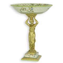 Sierlijke Bronzen Porseleinen Kom op Standaard - 33.2 cm hoog
