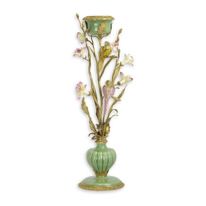 Bronzen kandelaar met groen porselein en roze-crèmekleurige bloemen