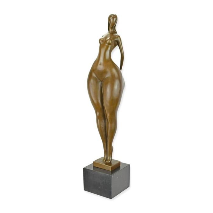Modernistisch bronzen beeld van vrouwelijk naakt op donkergrijze sokkel