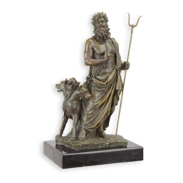 Bronzen sculptuur van Hades met driekoppige Cerberus en tweetandige staf