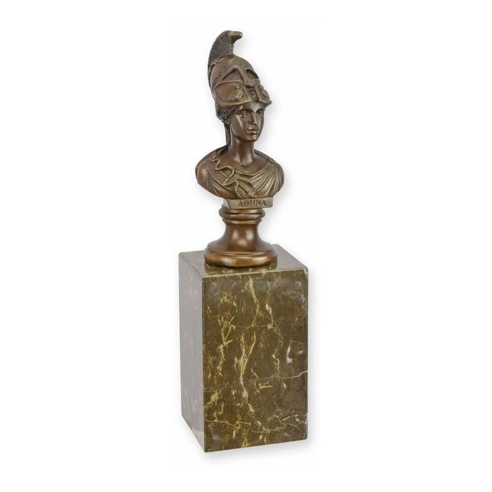Bronzen buste van Athena met kuifhelm op gemarmerde sokkel