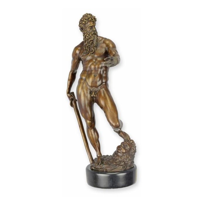 Bronzen beeld van Neptunus met staf op zwarte ronde sokkel