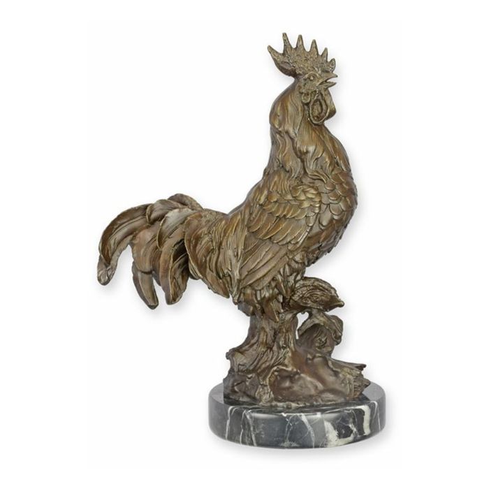 Bronzen sculptuur van haan met gedetailleerd verenkleed en ronde sokkel