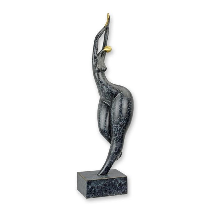 Modernistisch bronzen vrouwenbeeld met geheven armen en goudkleurige accenten