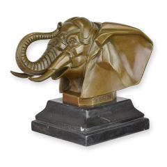 Bronzen Art Deco olifantenkop met gekrulde slurf en donkere sokkel