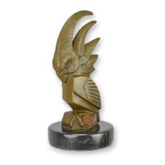 Bronzen art-deco automascotte van kaketoe met hoge gelaagde kuif