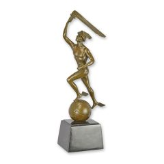 Bronzen Art Deco sculptuur van Mercurius op wereldbol met grijze sokkel