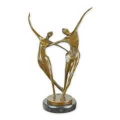 Bronzen sculptuur van dansend paar met opgeheven armen op ronde voet