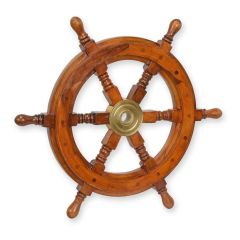 Houten scheepsstuurwiel met zes handgrepen en goudkleurig middenstuk