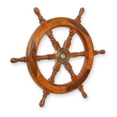 Houten scheepsstuurwiel met zes handgrepen en goudkleurig middenstuk