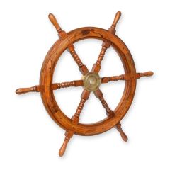 Houten scheepsstuurwiel met zes handgrepen en goudkleurige naaf