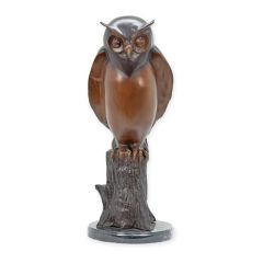 Bronzen uilsculptuur met markante ogen op boomstronk