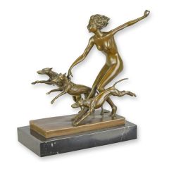 Bronzen beeld Spring Frolic met vrouw en drie rennende honden