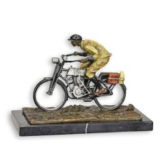 Bronzen beeld van man op klassieke motorfiets met kleurrijke details op marmeren voet, exclusieve motorsculptuur.
