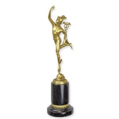 Gepolijst bronzen beeld van Mercurius met caduceus en gevleugelde helm op een luxe zwarte marmeren voet
